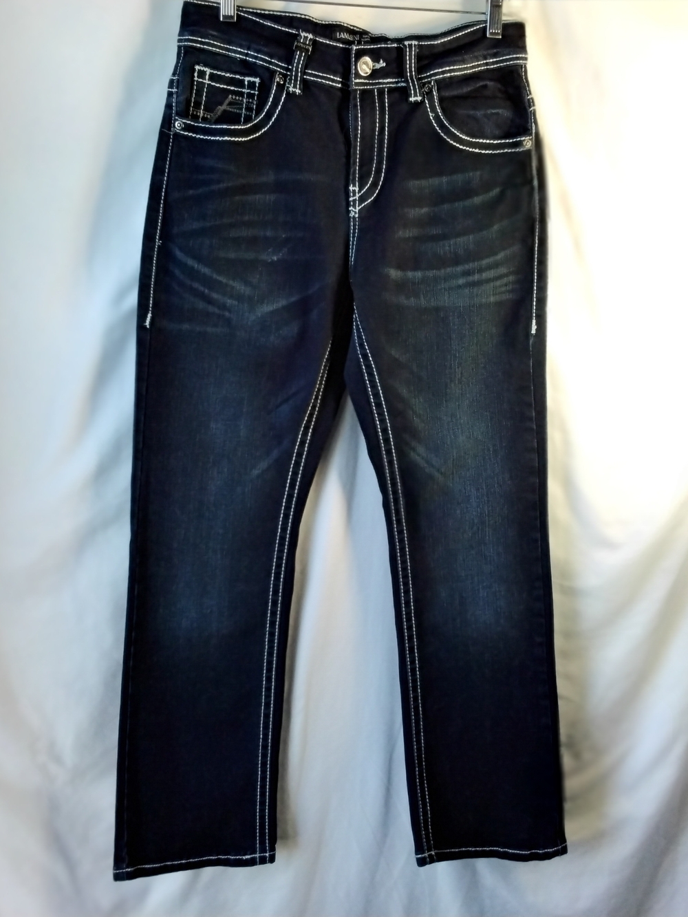 Lamasini Men's Straight Jeans in Dark Indigo with White Contrast Stitching